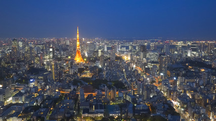 Naklejka premium wide angle night view of tokyo tower from mori tower in tokyo