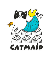 Cat as mermaid fantastic character on abstract sea waves poster in scandinavian style.