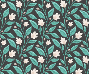 Leaf branch with flowers and leaves, floral seamless vector pattern