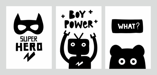 Scandinavian monochrome posters with doodle characters and lettering. © Eka Panova