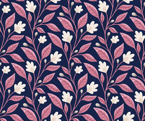 Leaf branch with flowers and leaves, floral seamless vector pattern