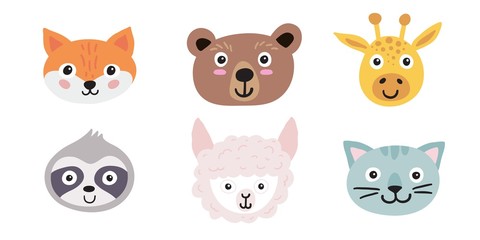 Cute animal faces set. Hand drawn characters