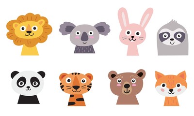 Cute animal faces set. Hand drawn characters