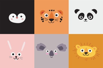 Cute cartoon animal portraits set. Hand drawn faces of Penguin, tiger, Panda, hare, Koala, lion