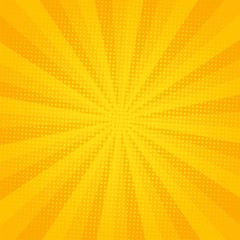 Bright yellow color burst background comic style pop art. Lightning blast halftone dots. 