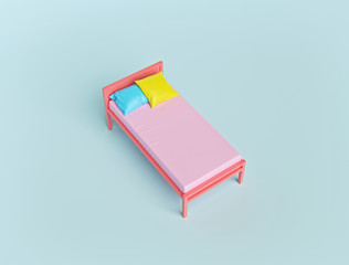 minimal style single bed with colorful pillows isolated on pastel background. interior, home, rest and comfortable sleep concept. 3d rendering