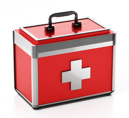 Metal case first aid kit isolated on white background. 3D illustration