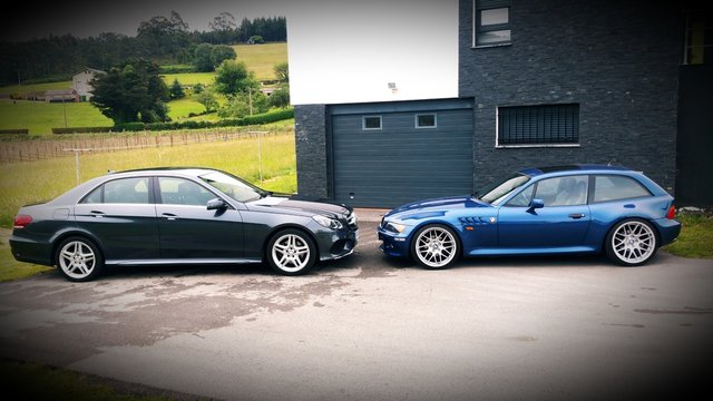 Anleo, Navia / Asturias: February 27, 2018: Mercedes E-Class W212 and BMW Z3 Coupe, both detailed with 2-step polishing and protection with ceramic body cladding and alloy wheels.