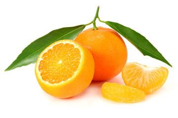mandarin with slices and green leaves isolated on white background