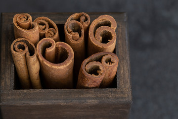 Natural Cinnamon stick on dark concrete background