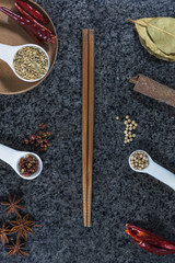 Various edible spices and condiments are placed together.