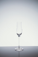 Liqueur glass on the light background.. Fine cristal glassware concept. Vertical, cold tone in light cold toning
