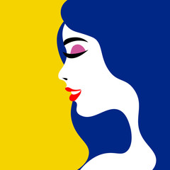 Young woman model in profile in pop art style. Sexy girl for advertising with bright hair