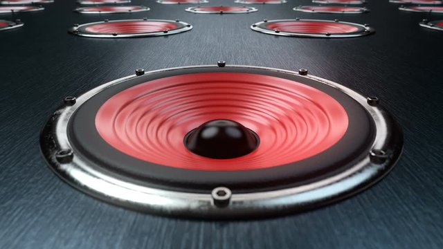 A lot of audio speakers with red membrane vibrating simultaneously playing modern music at 90 bpm frequency. Static view seamless loop. Suitable for rock or dance party music concept illustration.