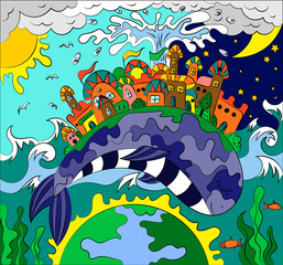Fairytale illustration of a city on the back of a whale. Planet day and night.