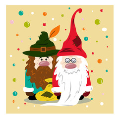Cute gnomes with Christmas gifts. Greeting card for Christmas and New Year.