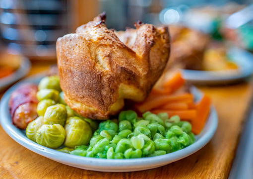 Selective focus and close up of a traditional roast dinner freshly plated up
