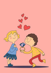 Vector cartoon boy gives a girl a ring. The concept of a marriage proposal of two lovers