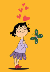 Funny cute brunette nerd girl with glasses looks at the butterfly and is touched. Vector illustration of a postcard