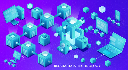 Fototapeta na wymiar Blockchain technology isometric concept banner vector illustration
