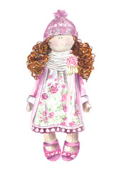 Cute doll, cartoon style, with curly hair and winter clothes,