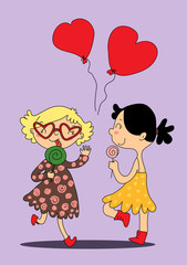 Two drawn vector girls girlfriends. A blonde girl licks a Lollipop and waves her hand. The second brunette girl holds a Lollipop and looks at her , laughing. Two red balloons with hearts.