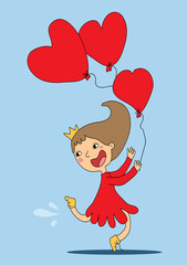 Funny cartoon girl with a crown on her head and a red dress rejoices and runs with balloons hearts. Vector illustration