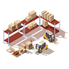 Isometric interior of warehouse with forklift trucks, cardboard package boxes on racks and pallets. Vector equipment for freight logistic, cargo transportation, goods storage and delivery
