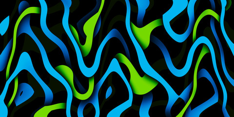 Multicolor glowing twisted lines on black background. Abstract psychedelic 3D illustration	