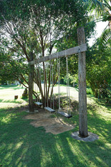 Wooden swing set in green natural garden park