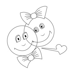 hand-drawn female and male emoticons smile, emotions of joy, with a bow and bow tie, in black and white lines isolated on a white background.holiday mood, vector, contour,outline