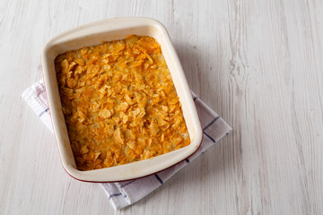 Homemade Funeral Potatoes Casserole in a dish, low angle view. Copy space.