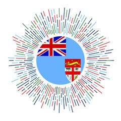 Obraz premium Fiji sign. Country flag with colorful rays. Radiant sunburst with Fiji flag. Vector illustration.