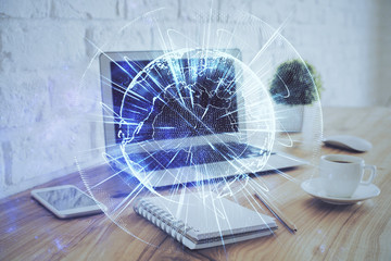 Multi exposure of business theme icons and work space with computer background. Concept of success.