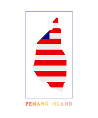 Penang Island Logo. Map of Penang Island with island name and flag. Artistic vector illustration.