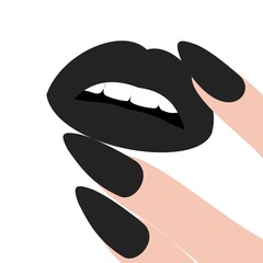 Vector illustration colorful lips and nail art. Beautiful women parts of face. Vivid bright makeup, lipstick and nail polish for party.