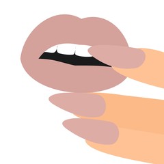 Vector illustration colorful lips and nail art. Beautiful women parts of face. Vivid bright makeup, lipstick and nail polish for party.