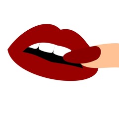 Vector illustration colorful lips and nail art. Beautiful women parts of face. Vivid bright makeup, lipstick and nail polish for party.