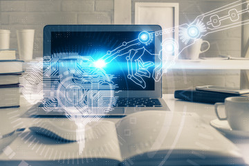 Double exposure of work table with computer and brain sketch hologram. Brainstorming concept.