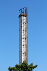 Tall narrow white rectangle concrete industrial chimney with metal stairs secured with round steel safety tunnel mounted on side rising high above dense trees