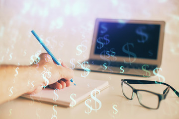 Multi exposure of man hands with stock market forex graph.