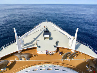 View from Bridge over Bow of legendary Cunard luxury ocean liner Queen Mary 2 cruise ship QM2 on...