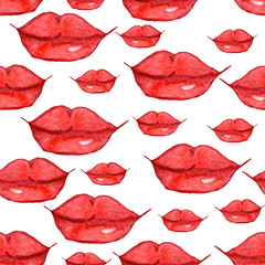 Seamless pattern with hand drawn watercolor woman red lips. Scarlet lipstick. St Valentine's Day. Love, passion and Romance. For cometics commercial design, wallpaper, wrapping paper, greeting card
