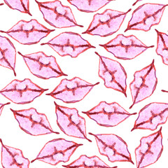 Seamless pattern with hand drawn watercolor woman's red lips. Scarlet lipstick. St Valentine's Day. Love, passion and Romance. For cometics commercial design, wallpaper, wrapping paper, greeting card