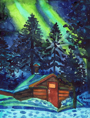 Winter night landscape. Hand drawn watercolor post card or decorative poster. Green and turquoise northern lights. Snowy forest. Brown wooden cottage house. Merry christmas