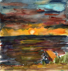 Hand drawn watercolor seascape. Bright sunset. Dark cloudy and stormy sky. Sea and ocean landscape. For postcards and posters. Wallpaper and cell phone background. Hand painted nature. Ecology drawing