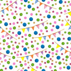 Seamless dotted pattern with pink, red, burgundy, green, blue, brown circles and confetti. Watercolor abstract background with garland with flags.
