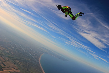 Courage. Brave men in parachute equipment. Fly men in green suit. Free lifestyle. 