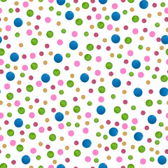 Seamless dotted pattern with pink, red, burgundy, green, blue, brown circles and confetti. Watercolor abstract background with shapes.