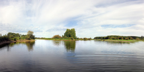 Autumn fishing on the Rybinsk Reservoir, beautiful panorama.